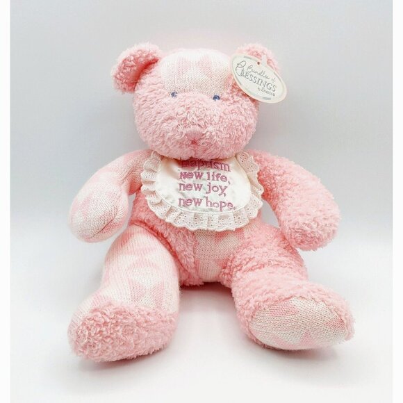 Enesco Bundles of Blessings Baptism Pink Bear w/Bib Plush Stuffed Bear 12" - Picture 1 of 5